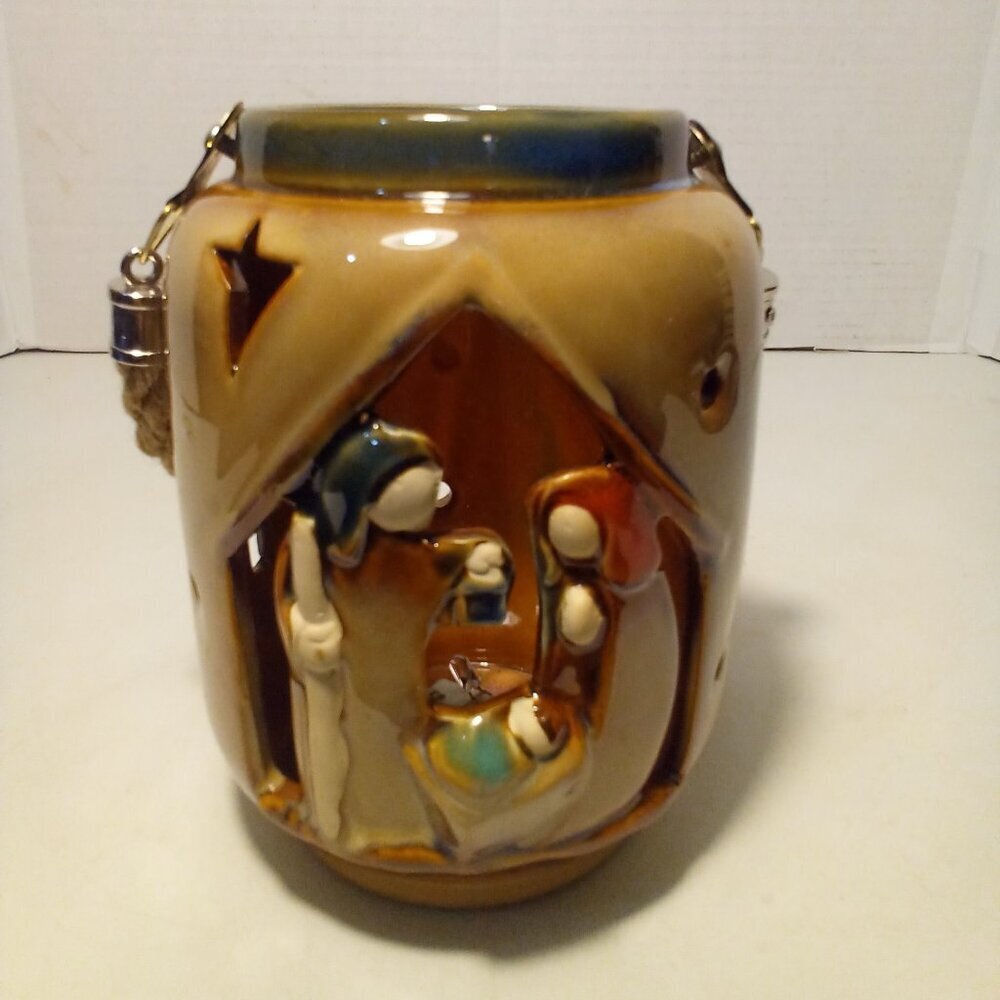 Nativity Christmas LED Hanging Lighted Lantern Glazed Pottery Ceramic 6" Jesus